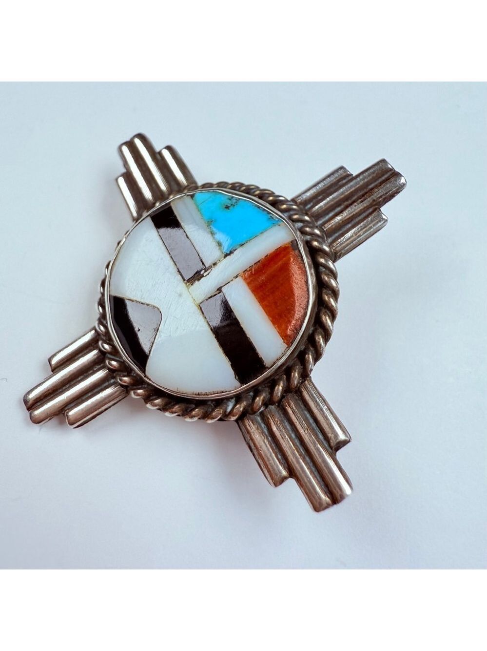 Native American Zuni Sunface Turquoise Coral Jet Sterling Silver VTG Pin Brooch - Picture 3 of 7